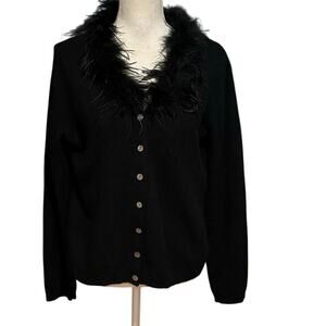 Mendocino Size L Cardigan Sweater Lambswool Angora Rabbit Feather Boa Neck Black